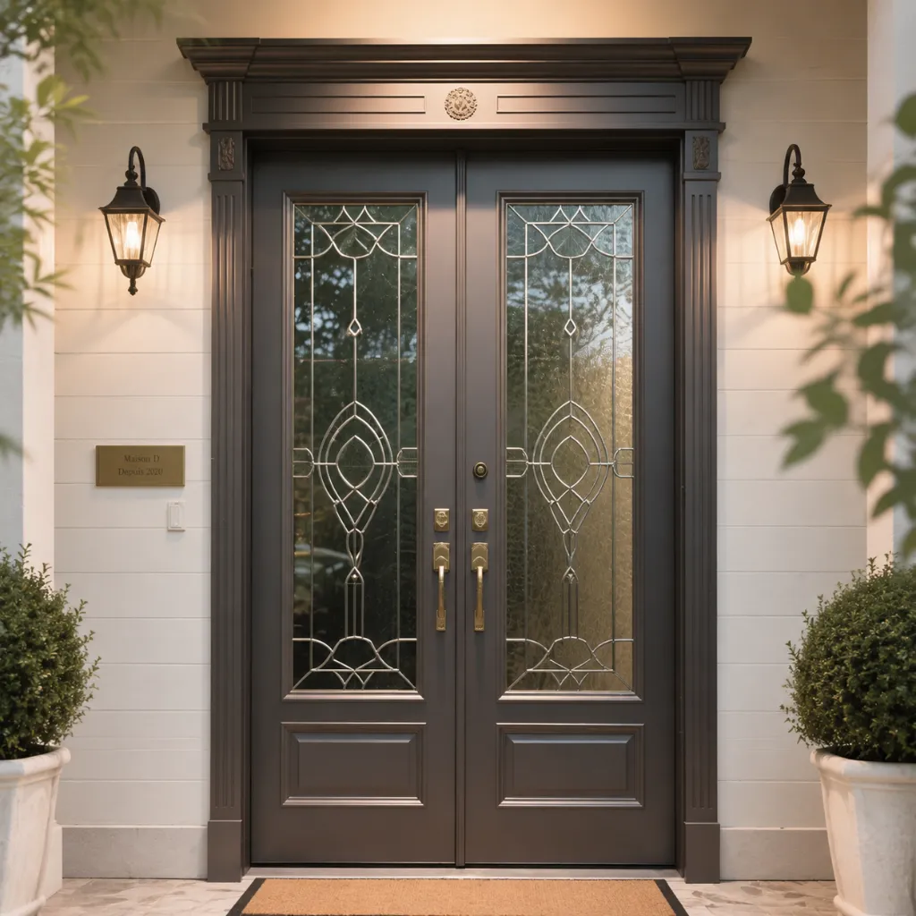 Dark double entry doors with decorative glass