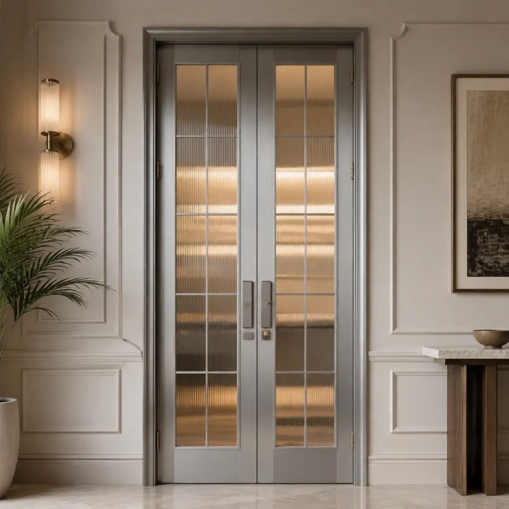 Narrow glass door panels in light metal frames