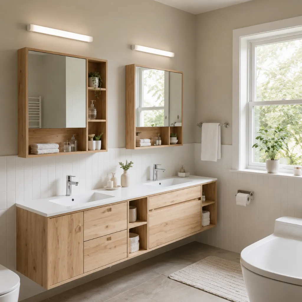 Wide wooden bathroom vanity beneath two mirrors
