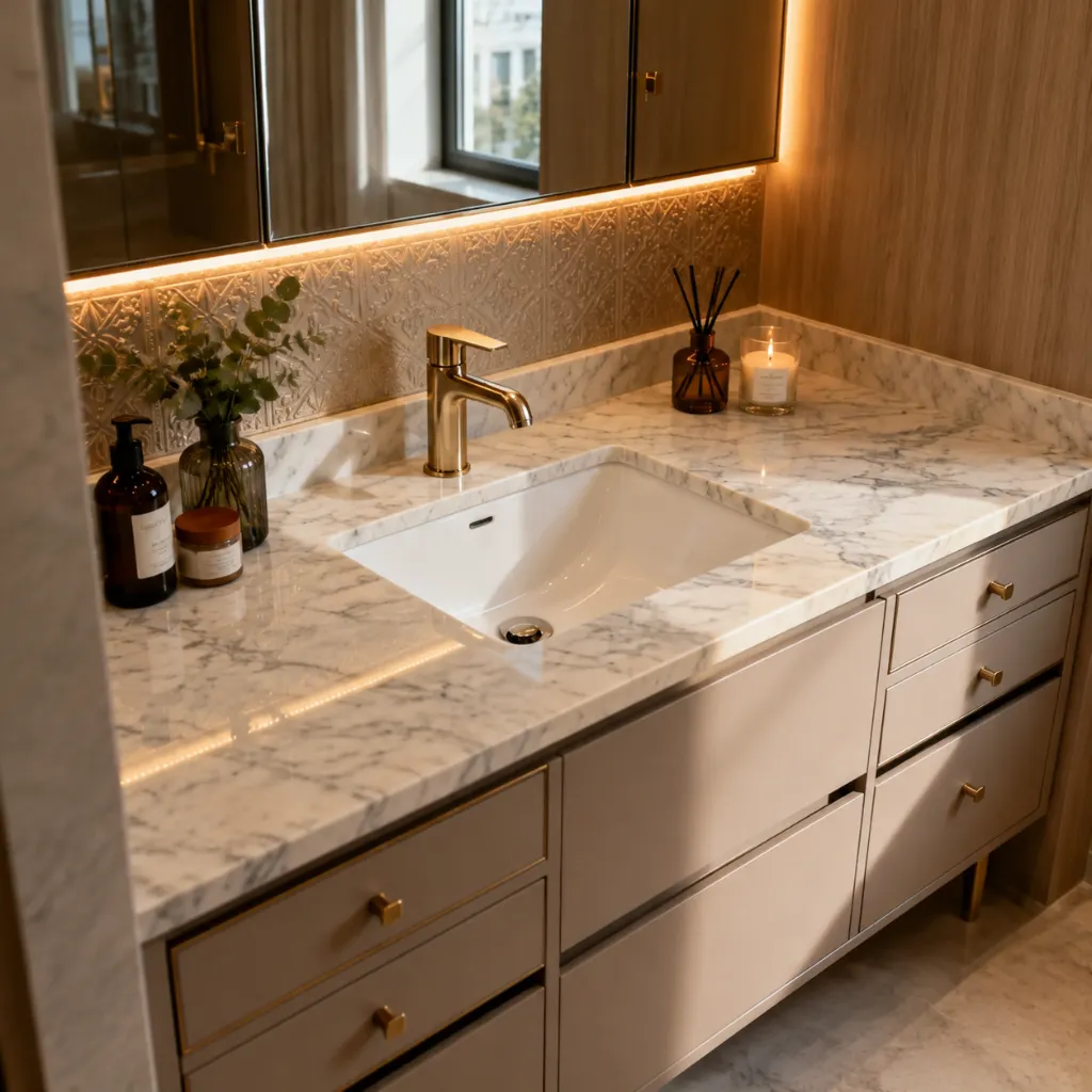 Wide bathroom vanity with stone countertop and wall mirrors