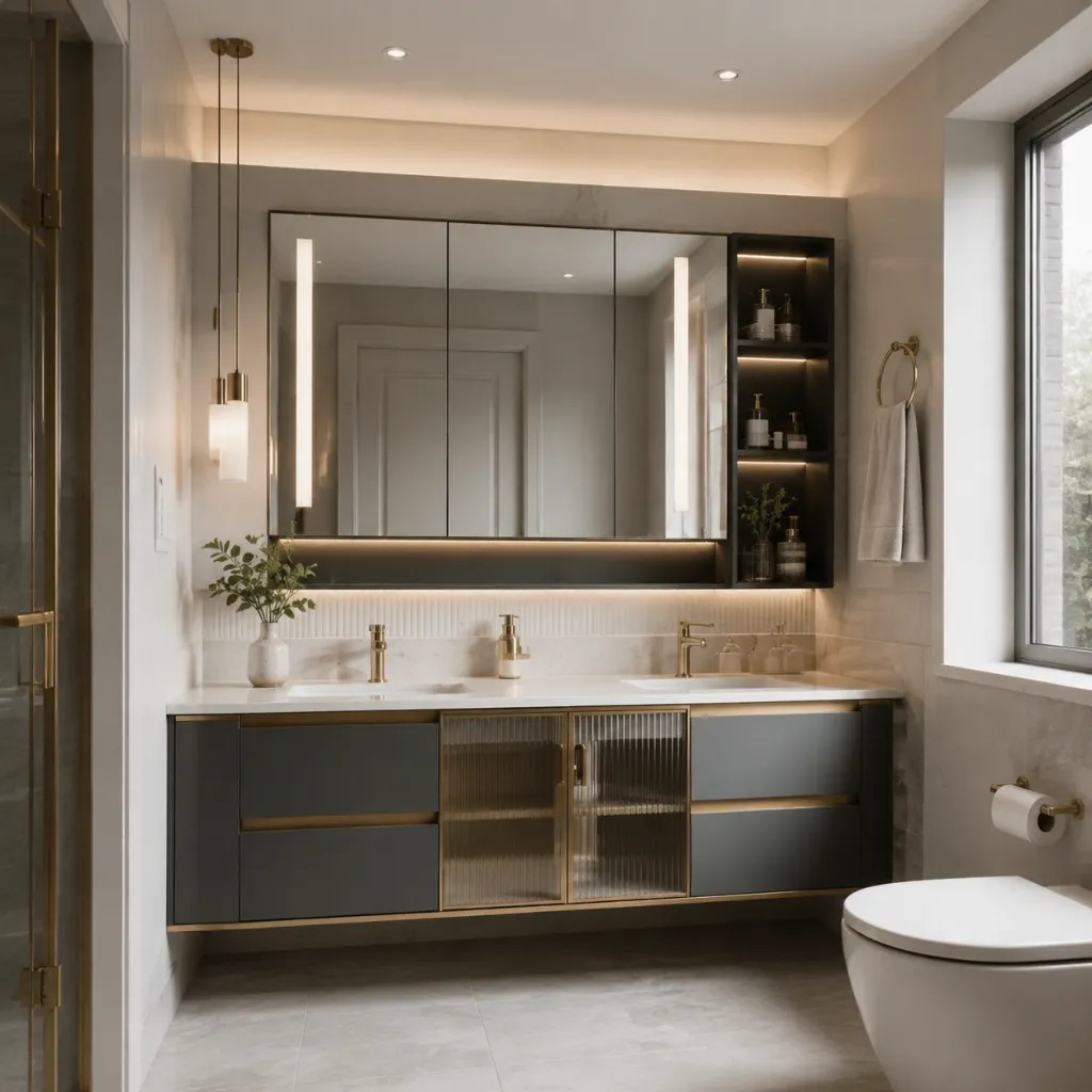 Dark bathroom vanity beneath a wide rectangular mirror