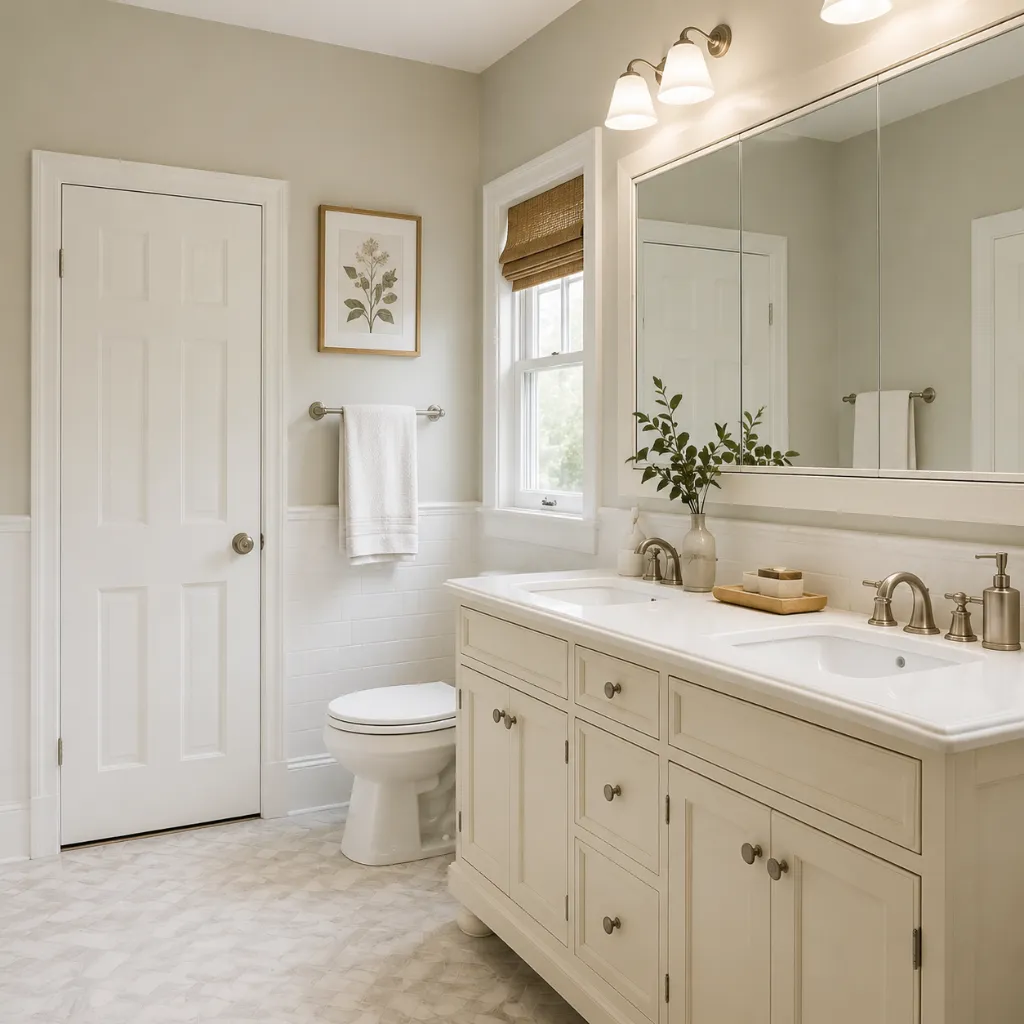 White bathroom vanity beneath a wall mirror
