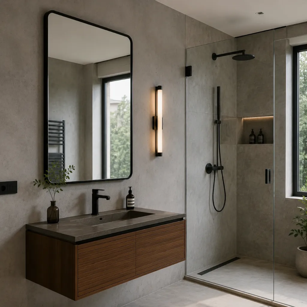 Framed rectangular bathroom mirrors above a wooden vanity