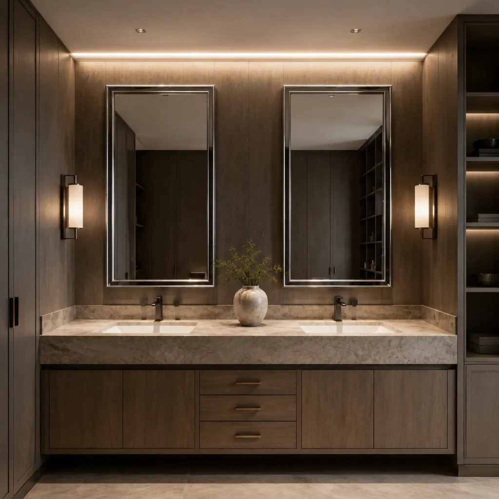 Pair of bathroom mirrors above a double vanity