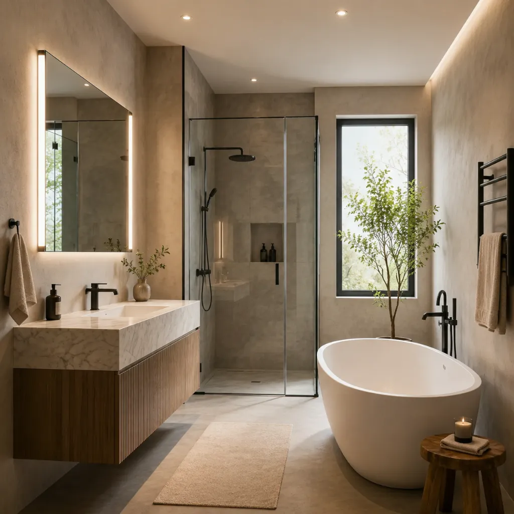 Large bathroom mirror beside a freestanding bathtub