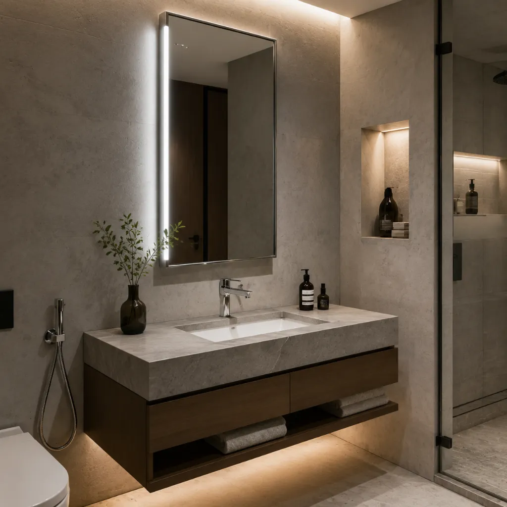 Bathroom vanity with a tall rectangular mirror