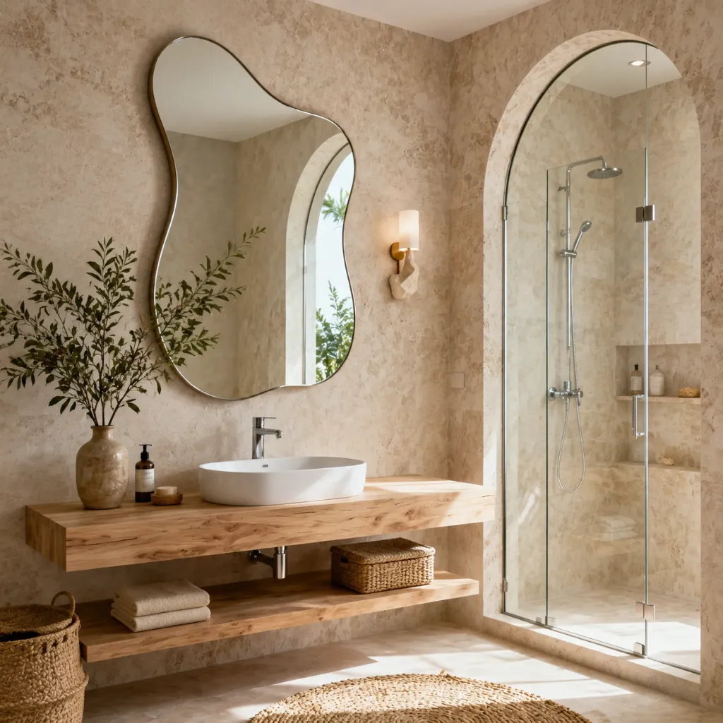 Curved bathroom mirror above a wooden vanity