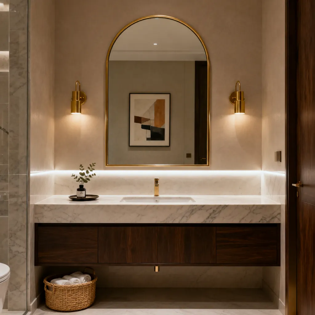 Arched bathroom mirror above a wash basin