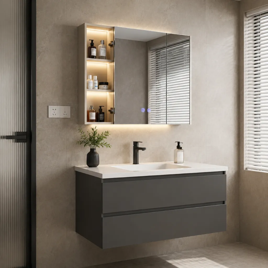 Wide rectangular bathroom mirror above a floating vanity