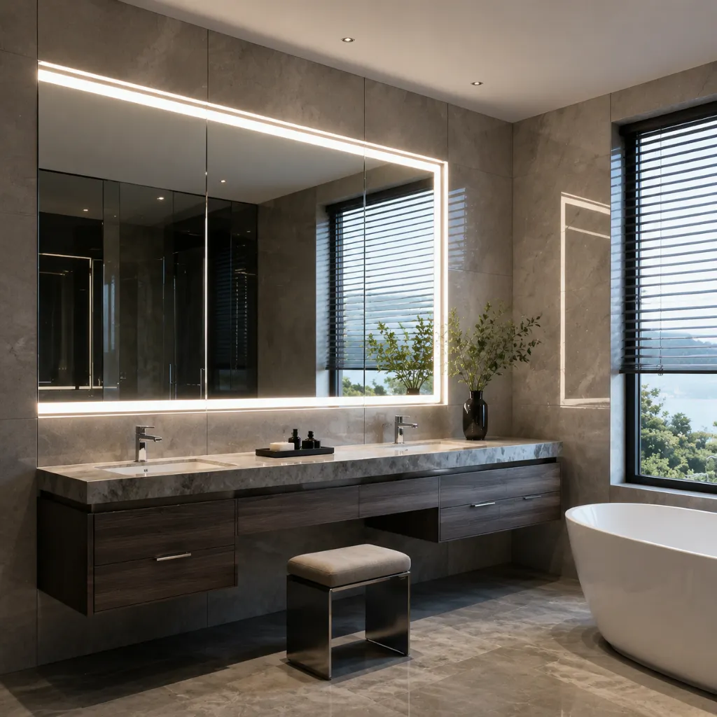 Large wall mirror above a double bathroom vanity