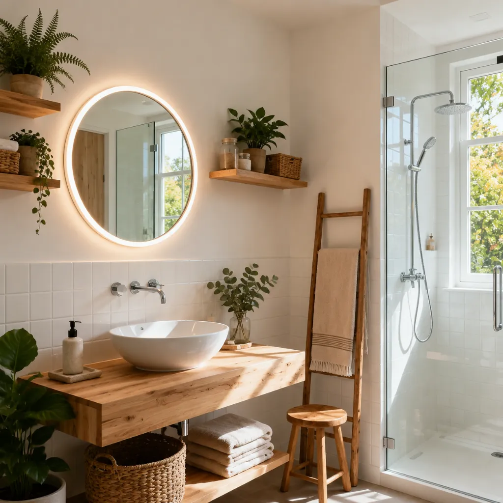 Round backlit bathroom mirror above a wash basin