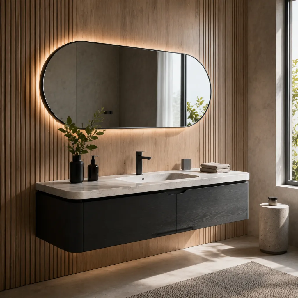 Rounded backlit bathroom mirror above a dark vanity