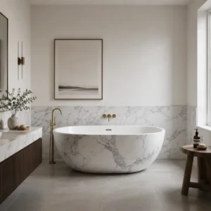 Freestanding bathtub with a white veined stone pattern