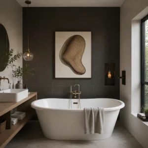 White freestanding bathtub in a dark-walled bathroom