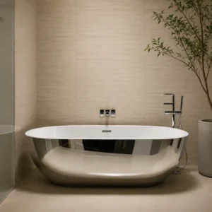 Freestanding oval bathtub with a metallic exterior