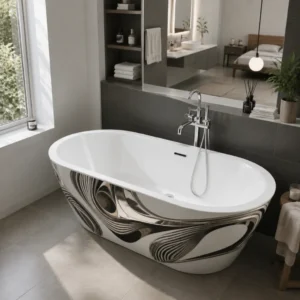 Oval bathtub with a reflective sculpted exterior