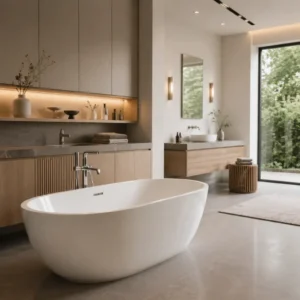 White freestanding bathtub beside a wooden bathroom cabinet