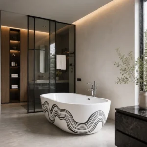Freestanding bathtub with a wavy patterned exterior