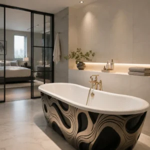 Oval bathtub with a decorative metallic exterior