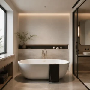 White freestanding bathtub with a dark panel on its exterior