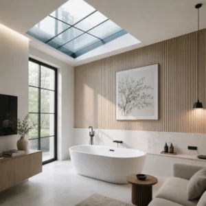 White oval bathtub beneath a glazed skylight