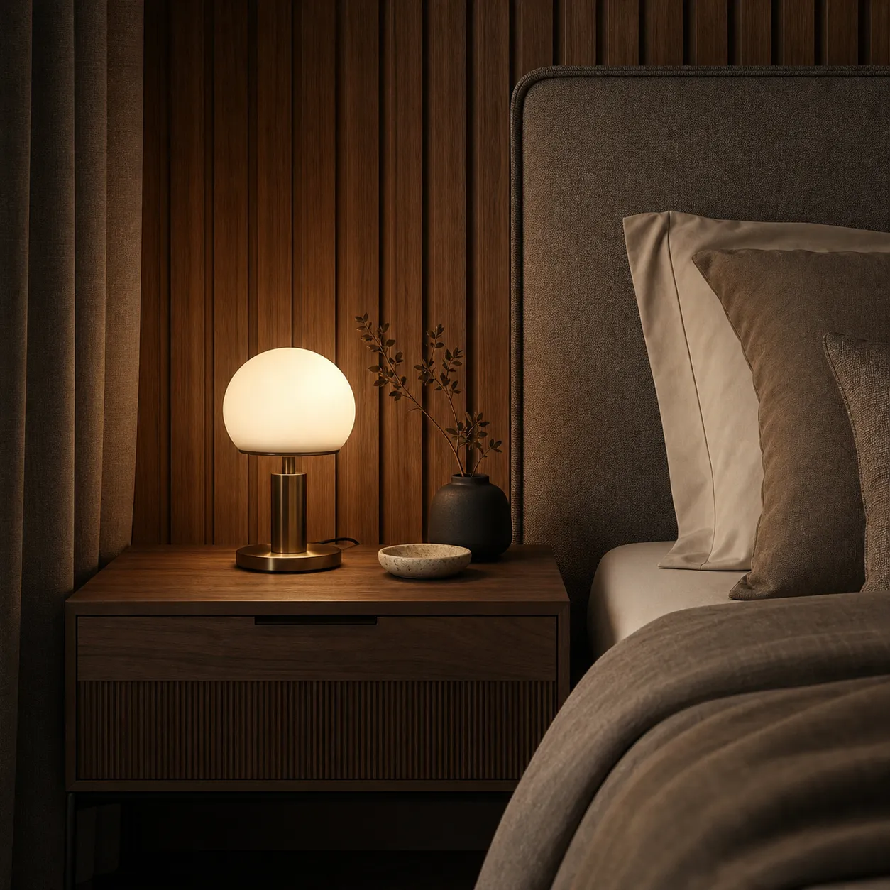 Globe bedside lamp on a dark nightstand beside a bed