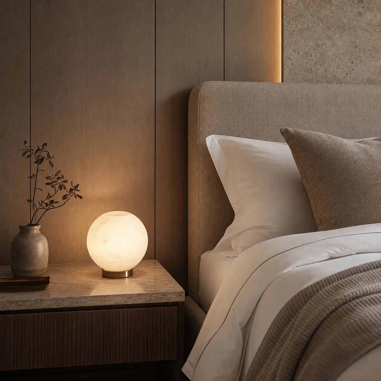 Round bedside lamp beside an upholstered headboard