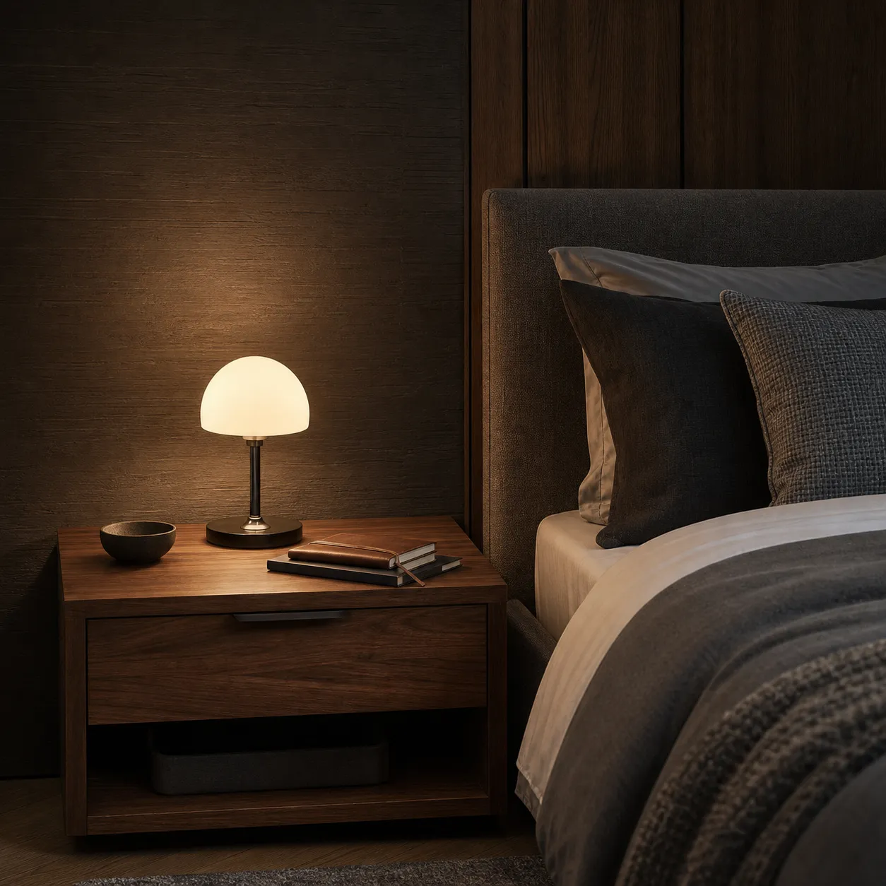 Small dome-shaped bedside lamp on a wooden nightstand