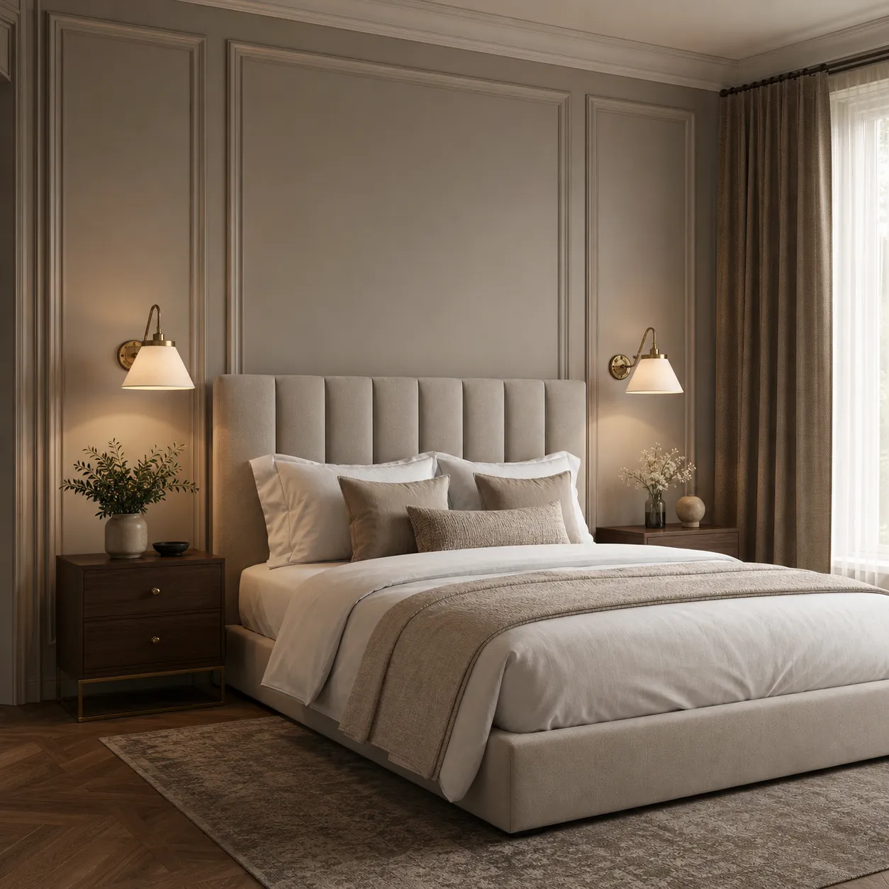 Bedroom with lamps beside a large upholstered bed