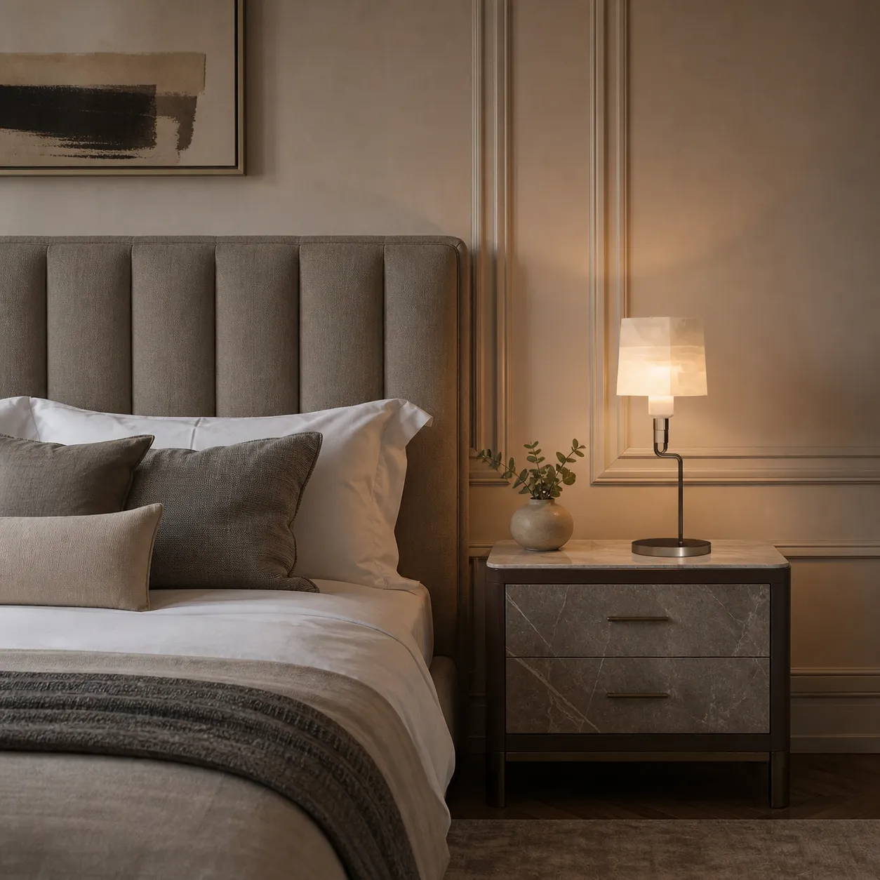 Bedside table lamp beside a padded headboard