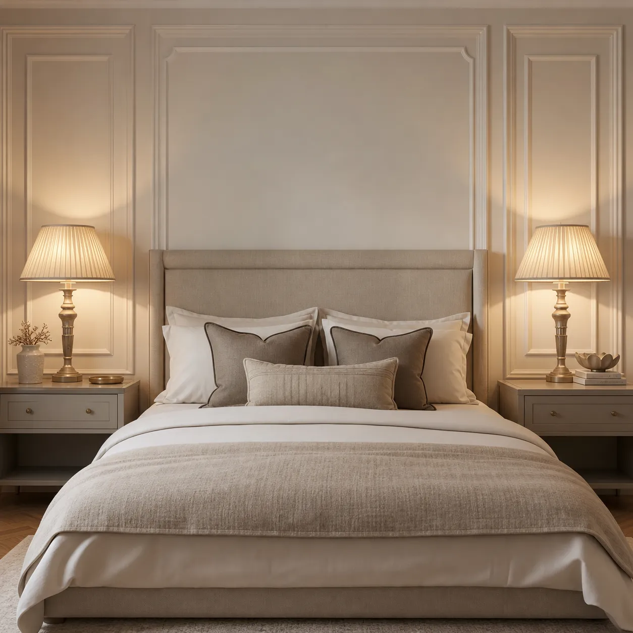 Pair of bedside lamps against a paneled bedroom wall