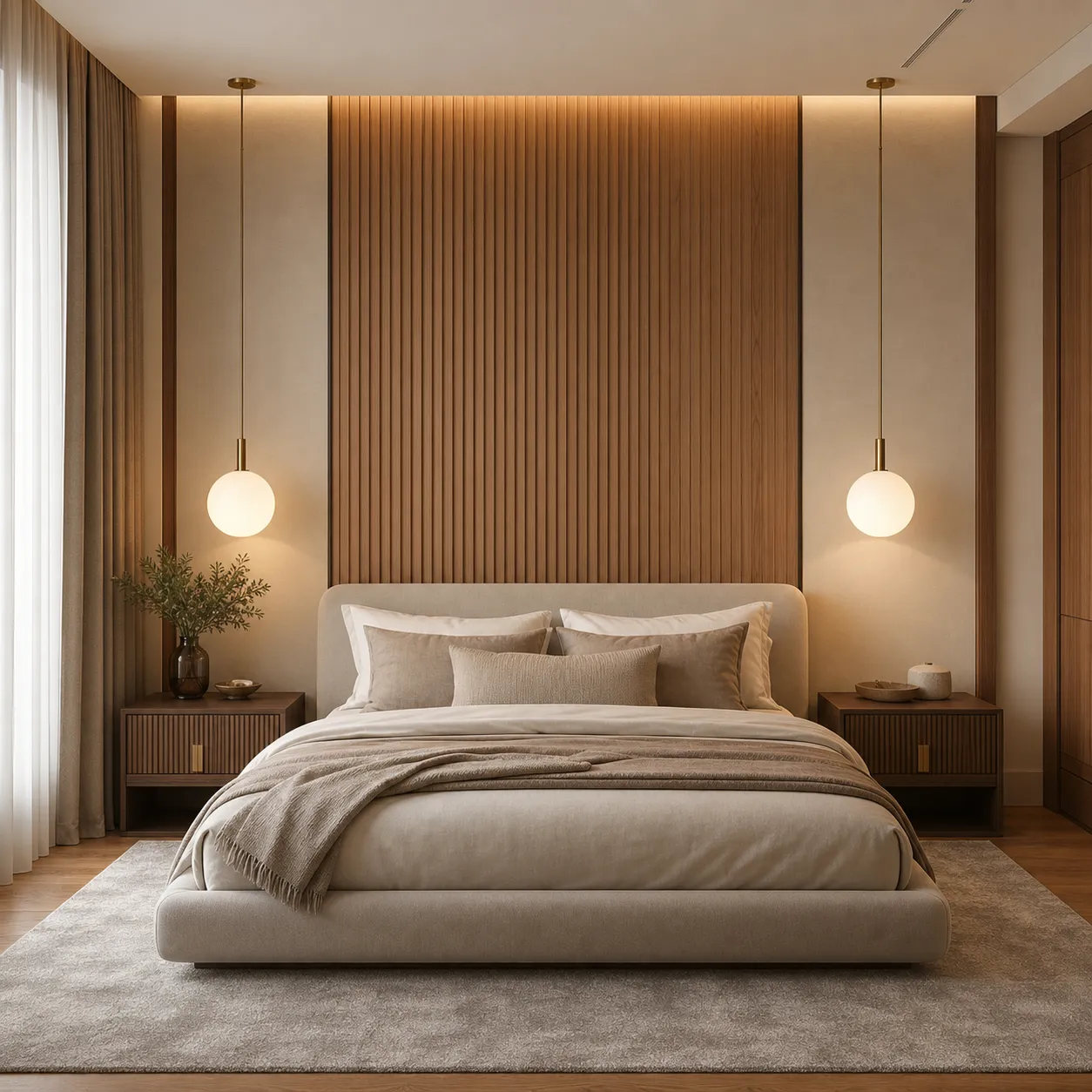 Pendant bedside lights above matching nightstands