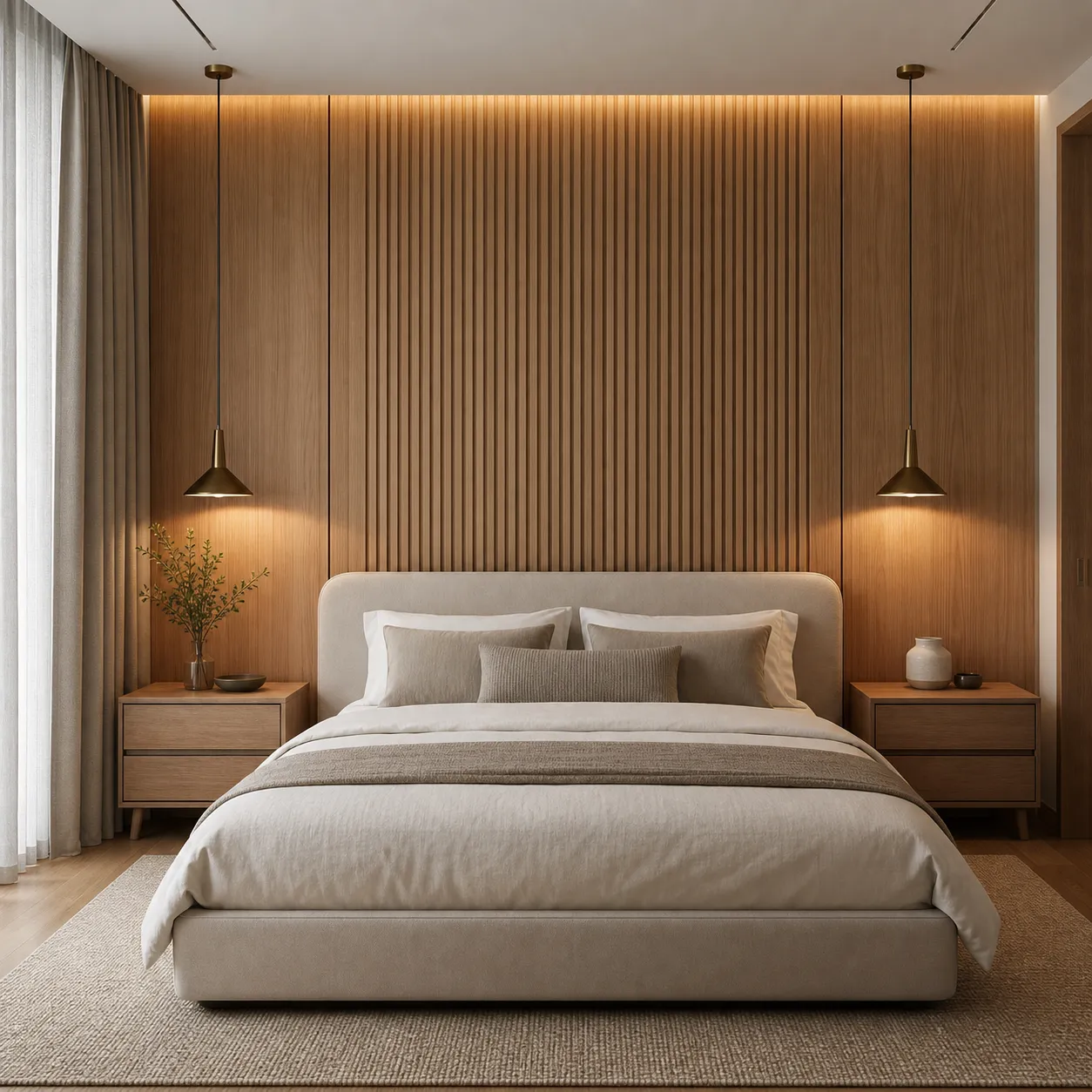 Bedroom with matching lamps on both bedside tables