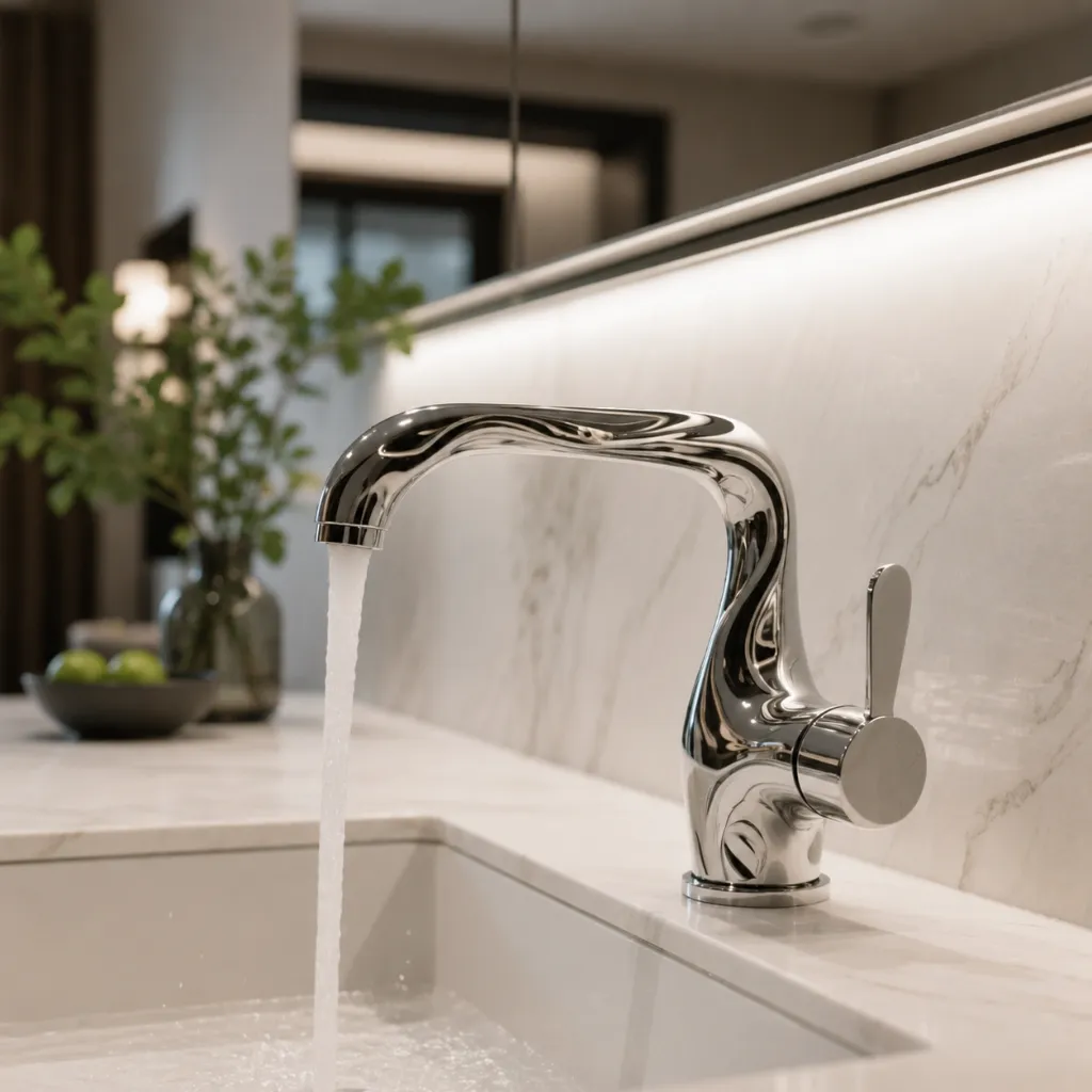 Curved chrome basin faucet with flowing water