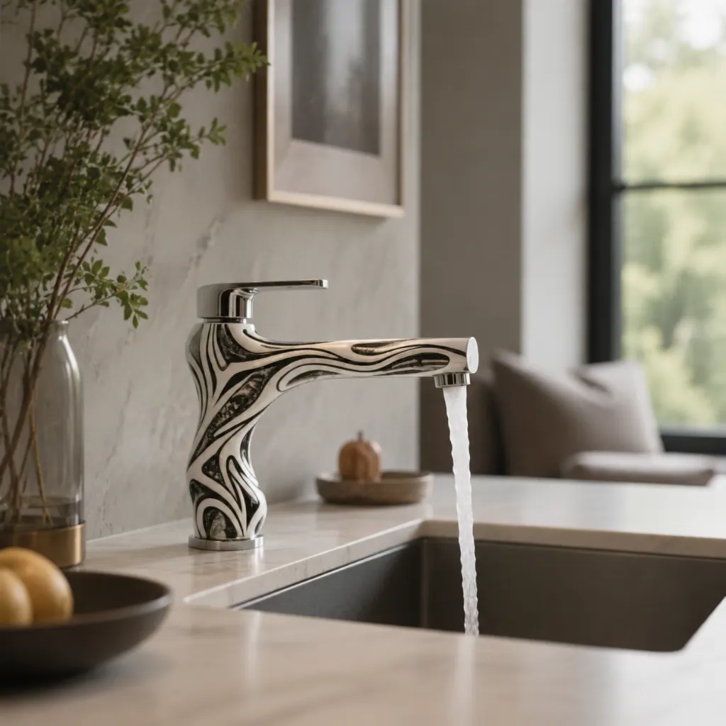 Decorative basin faucet beside a sink and window
