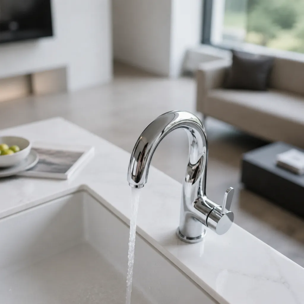 Chrome faucet mounted on a rectangular wash basin
