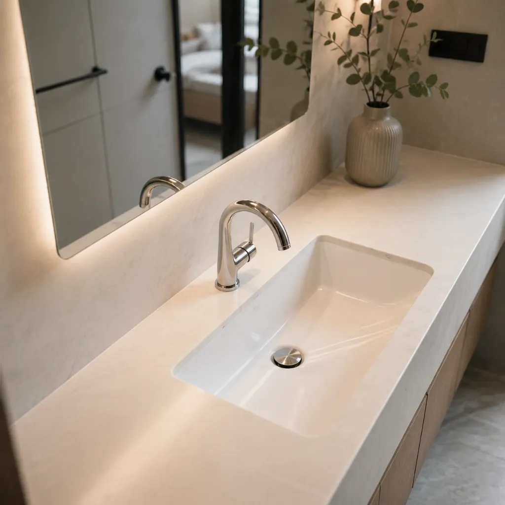 Chrome basin faucet beside a bathroom mirror