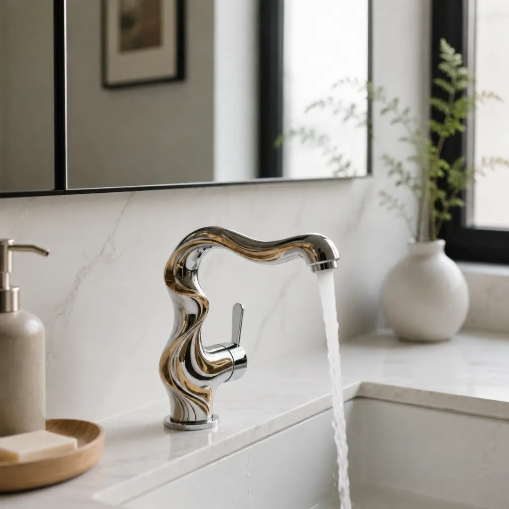 Curved metallic basin faucet with flowing water