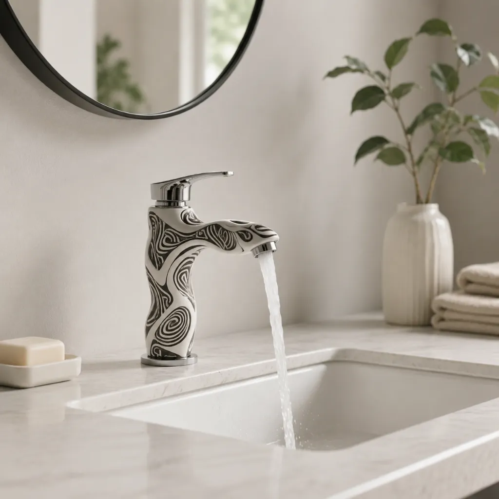 Chrome bathroom faucet over a rectangular basin