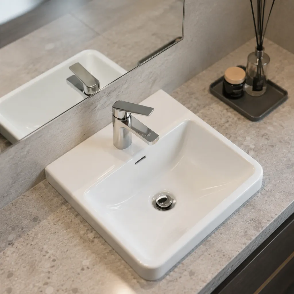 Compact basin faucet on a bathroom vanity