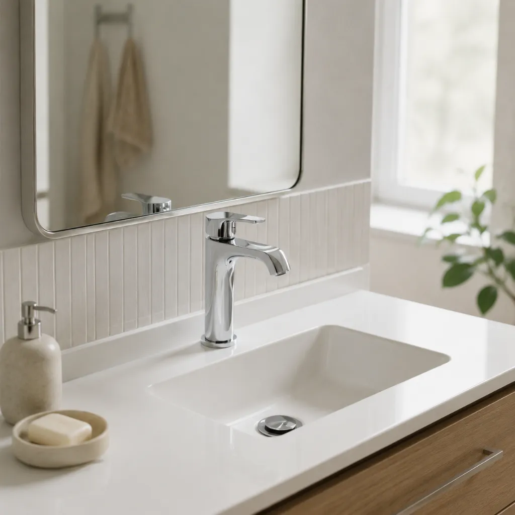 Chrome faucet with a rectangular bathroom basin