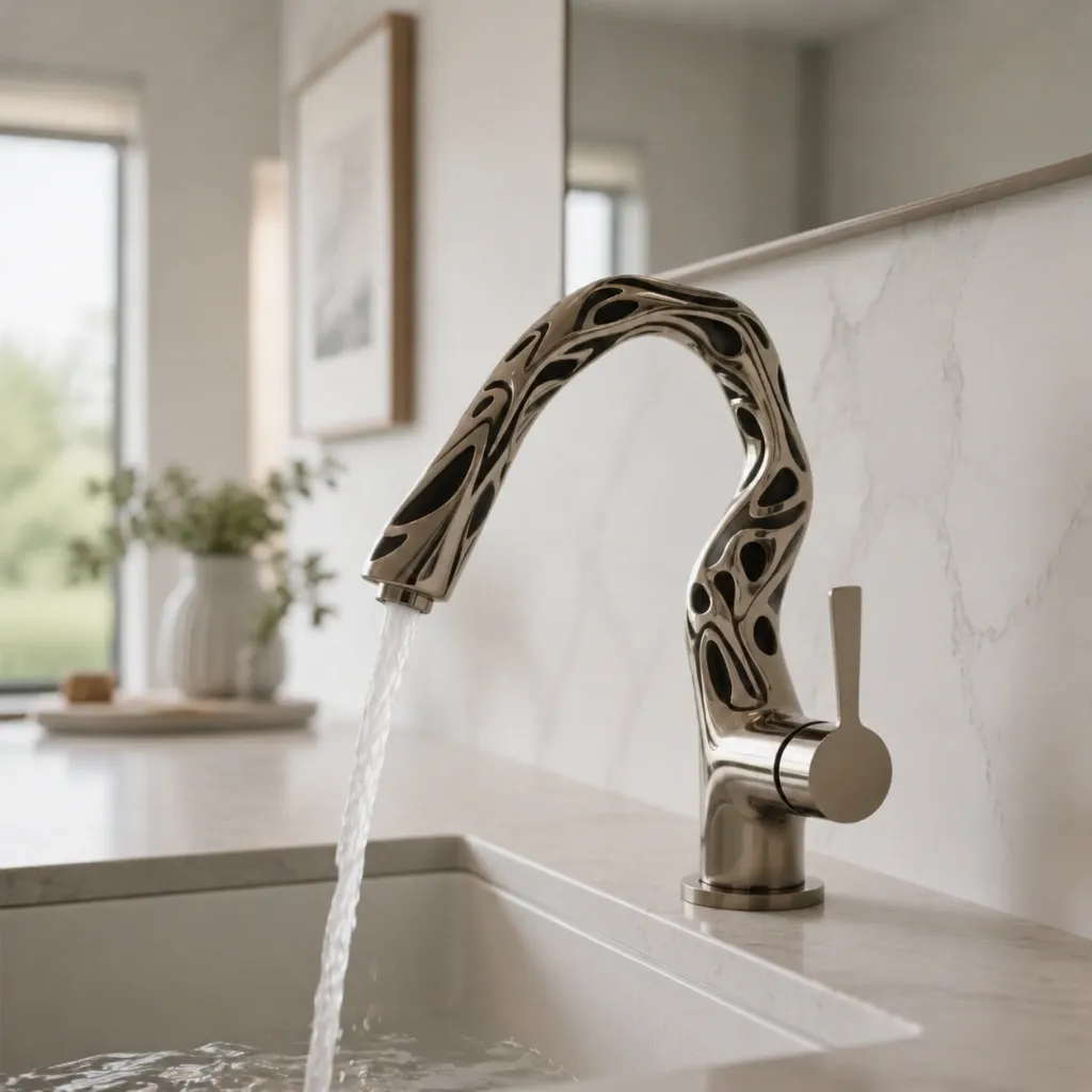 Curved metallic faucet over a bathroom basin