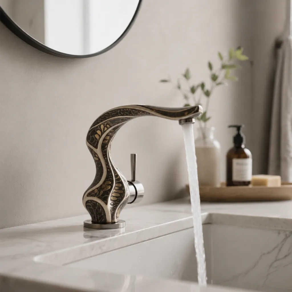 Curved basin faucet mounted beside a bathroom mirror