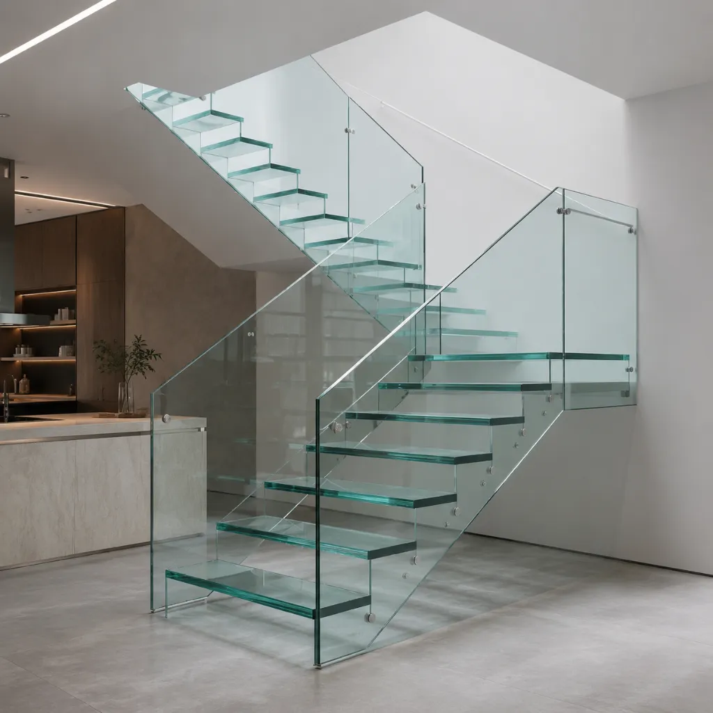 Turning glass stairs with glass balustrades