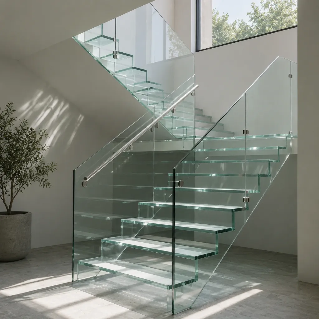 Straight glass stairs beside a glazed window