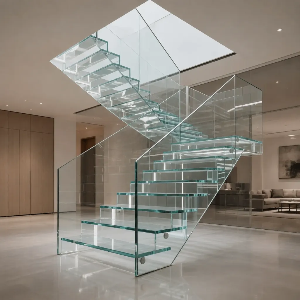 Two flights of glass stairs around a central glass enclosure