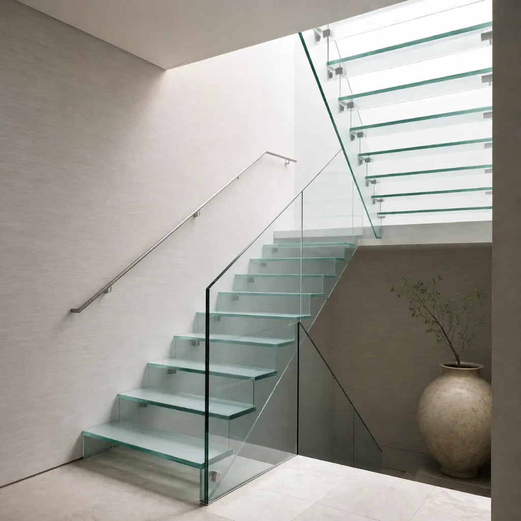 Straight glass stairs with glass railings