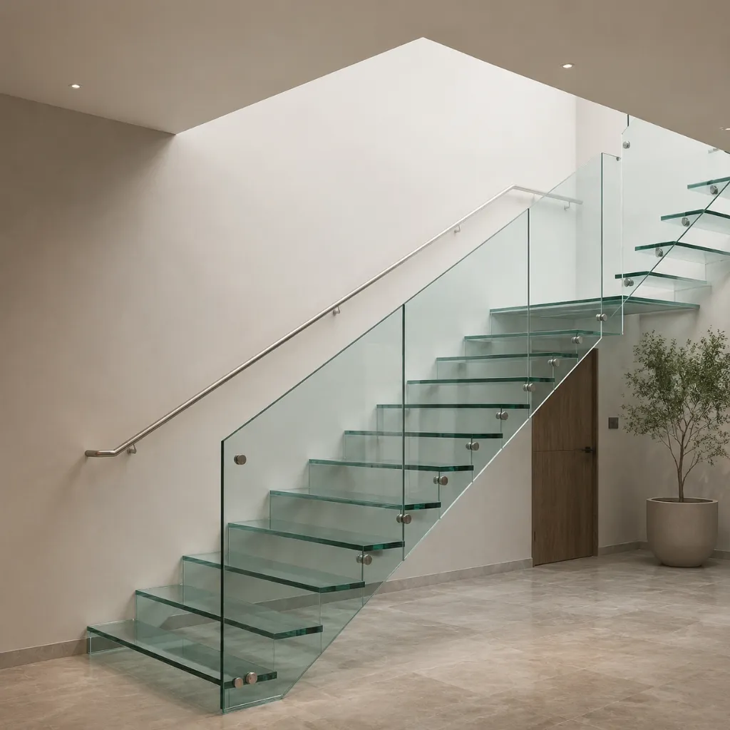 Straight glass stairs alongside a white wall