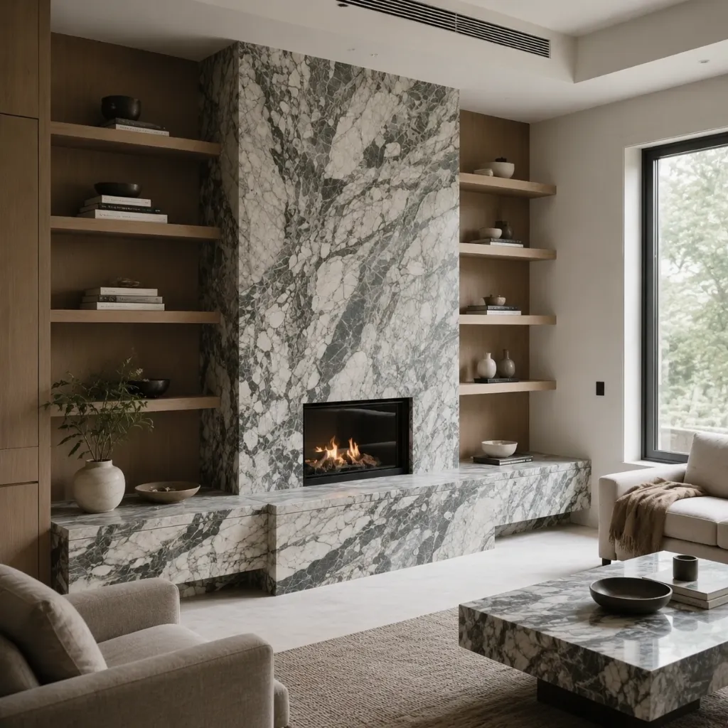 Living room with a gray stone-pattern fireplace wall