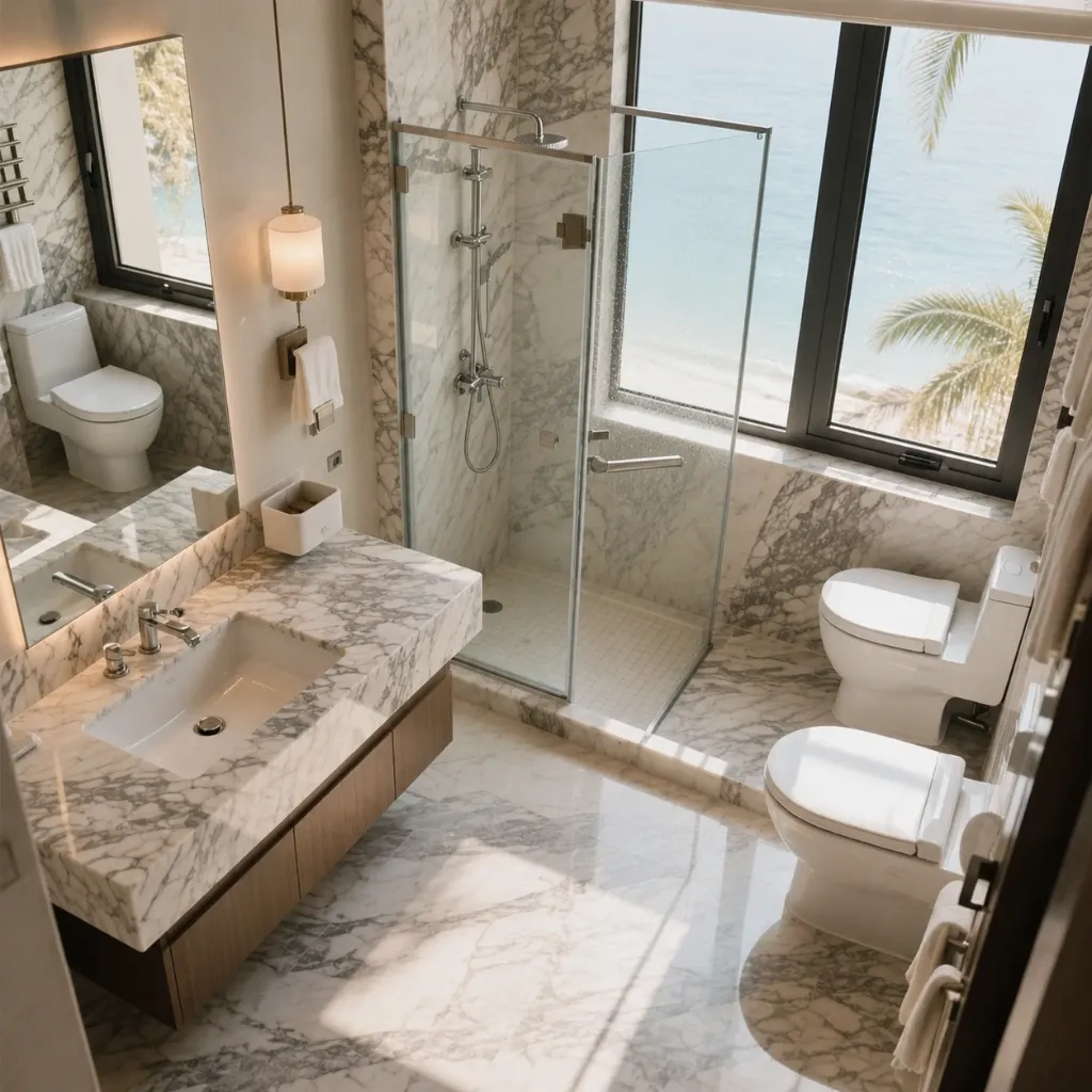 Bathroom vanity and wall surfaces with gray stone patterns